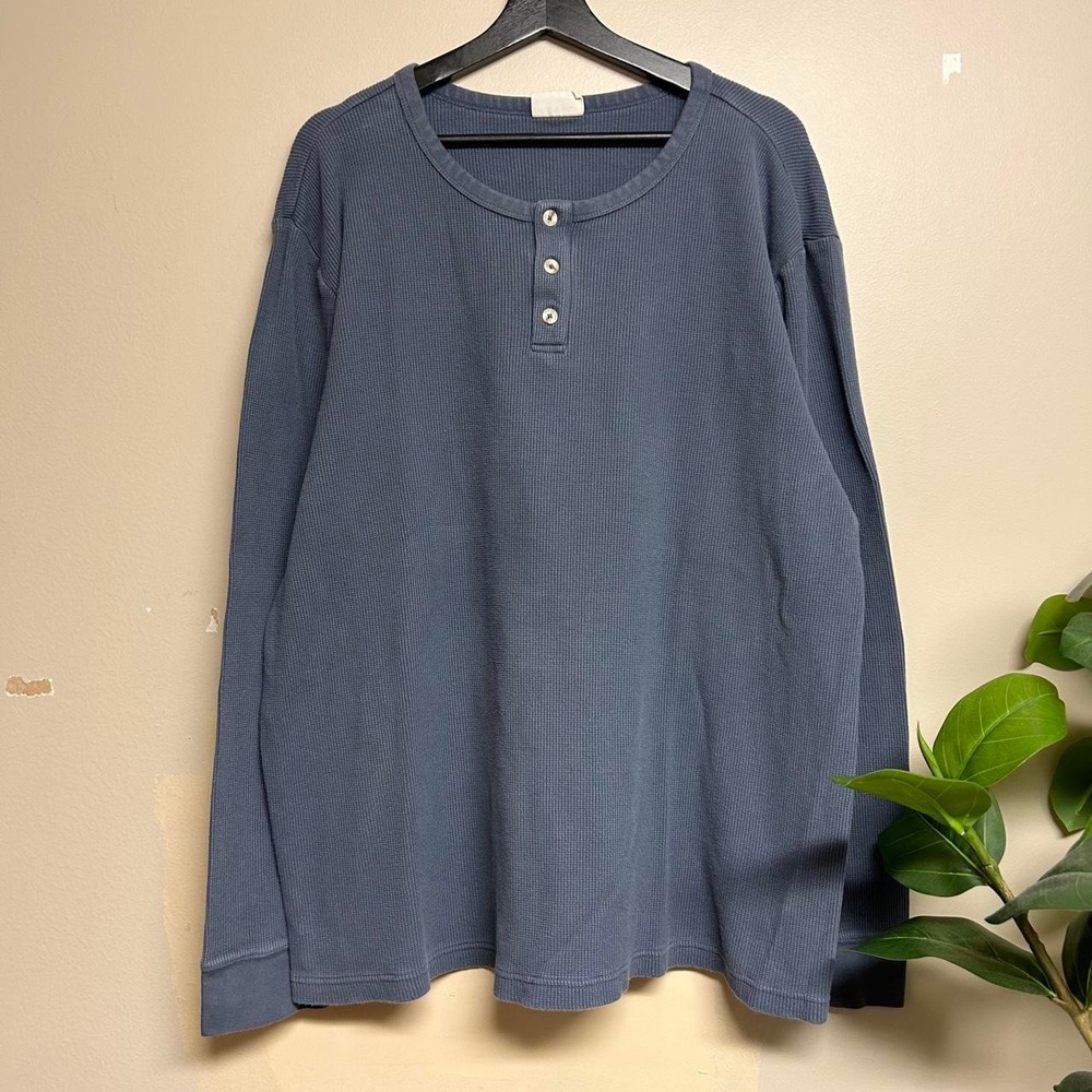 Life Is Good Mens XXL Navy Blue Waffle Knit Thermal Henley Long Sleeve Shirt Y2K
